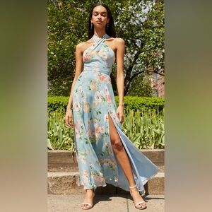 Yumi Kim Sky Blue Floral Halter Maxi Dress with Side Slit